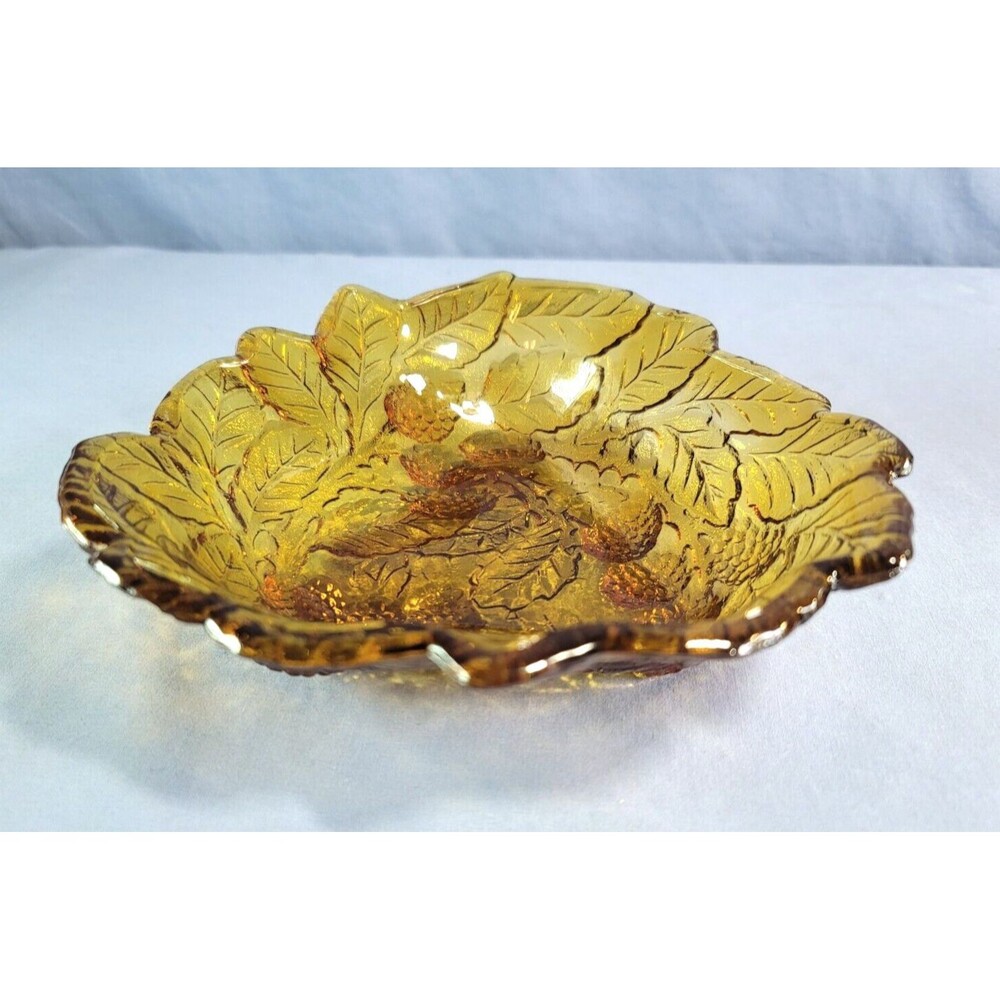 Amber Candy Trinket Bowl Grape Leaf & Logan Berry Pattern Tidbit Glass VTG